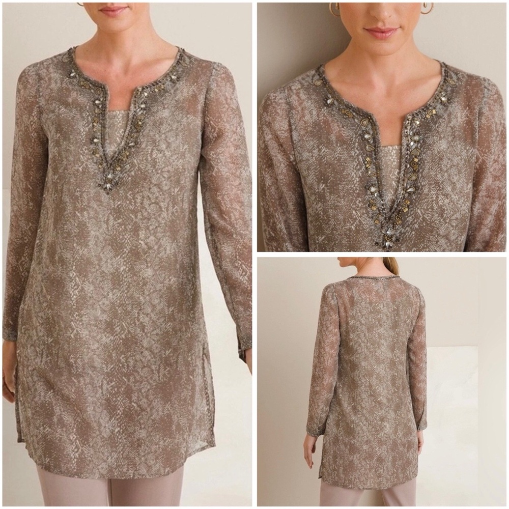 Chico's Size 3 (16/18) Embellished Chiffon Tunic & Cami Snake Print Beaded Top